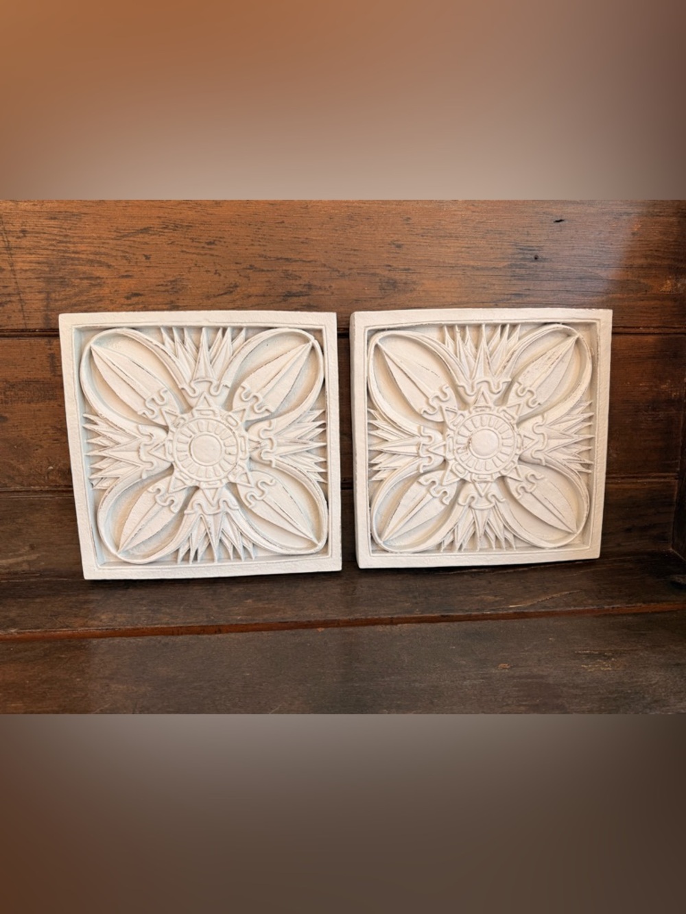 Pair of Decorative Carved Wall Plaques - Cream Floral Medallion